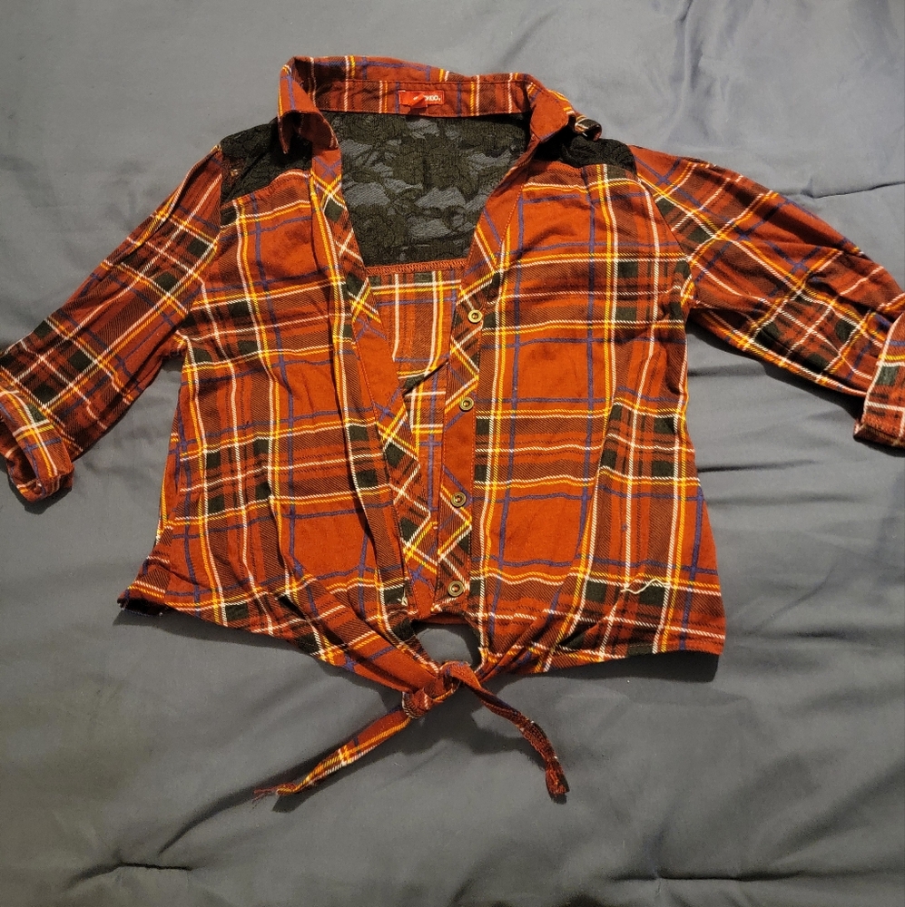 Plaid Button-Up Shirt with Lace Detail